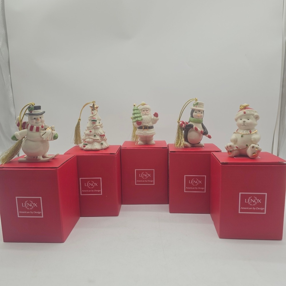 LENOX VERY MERRY PORCELAIN ORNAMENTS SET OF 5 WITH BOXES